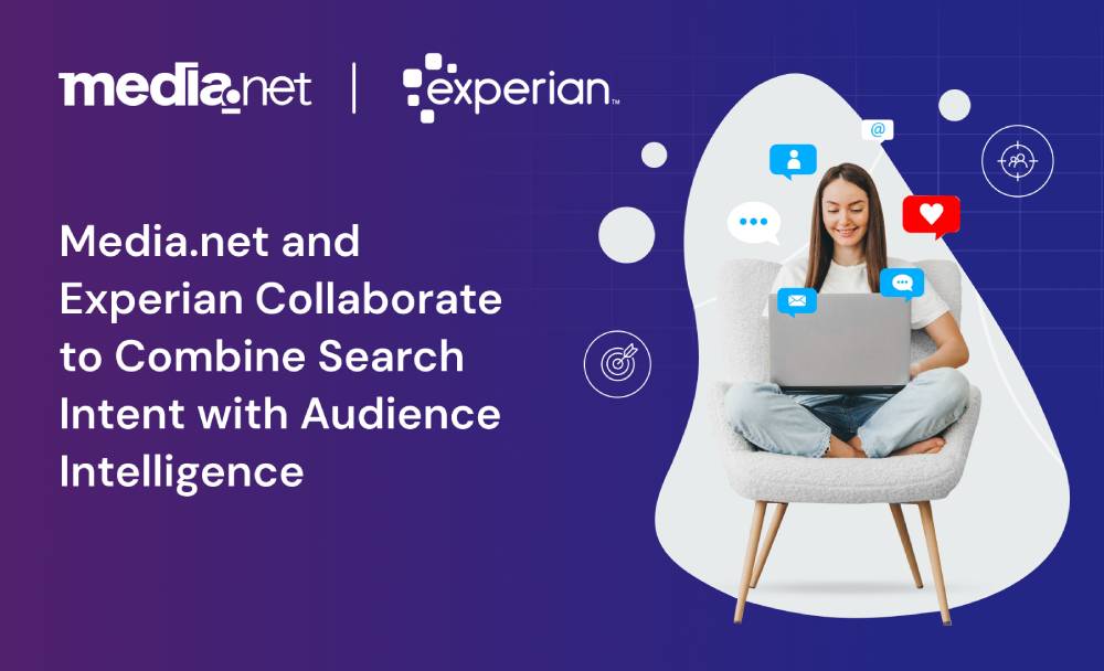 Media.net and Experian partnership banner showing integration of search intent with audience intelligence for improved ad targeting