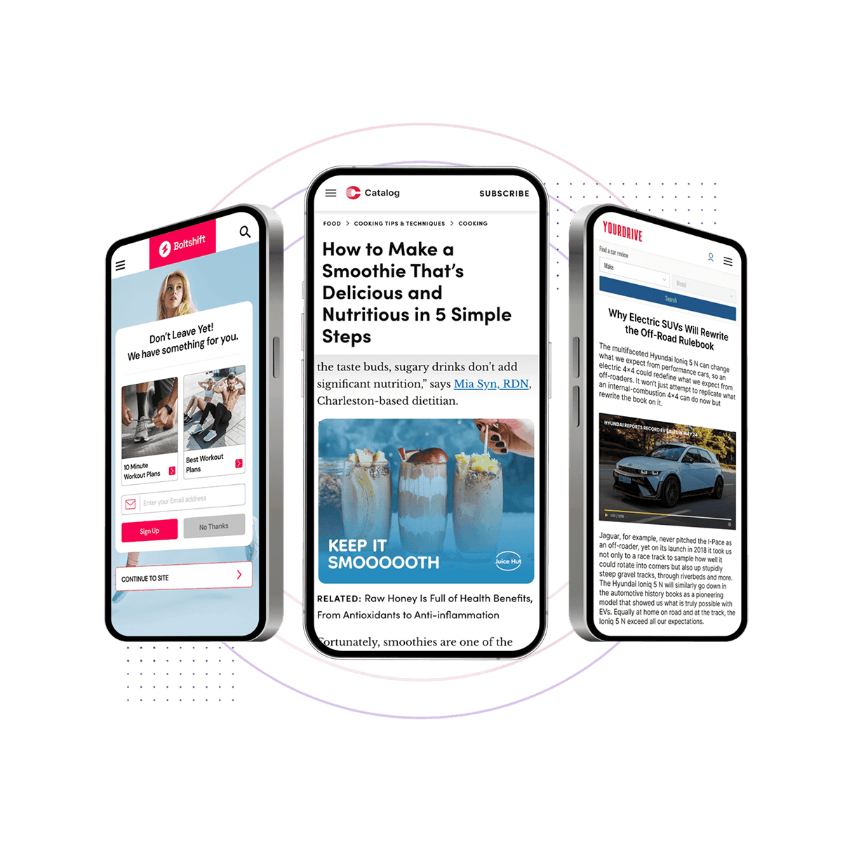Three mobiles showing different ad unit types and placements on publisher websites